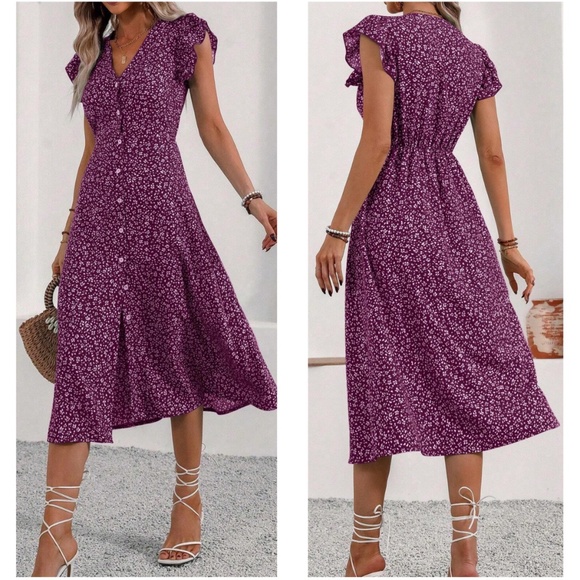 Boho Floral Print Button Down Butterfly Sleeve Midi Dress - Picture 2 of 5